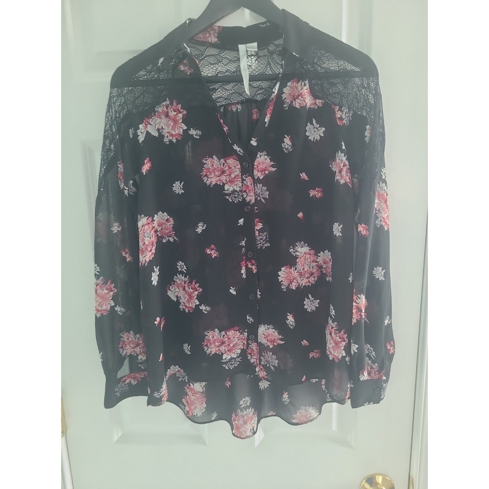 Lauren Conrad women's floral button top XS long sleeve with lace accent black - Picture 9 of 11
